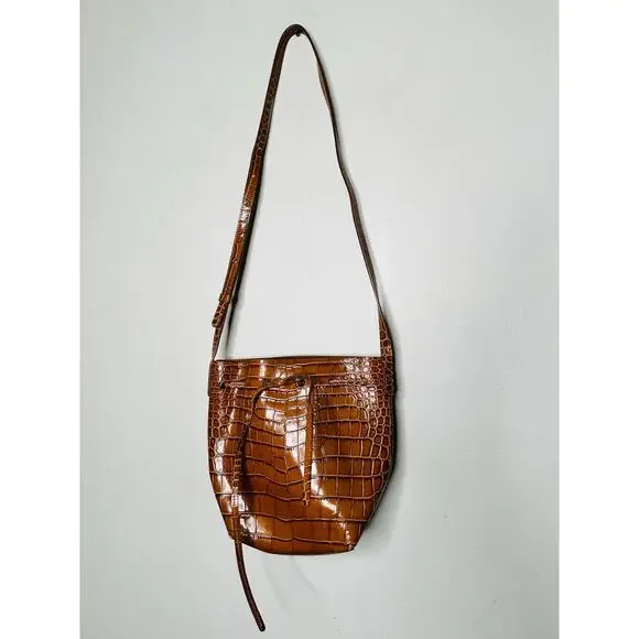 MANSUR GAVRIEL Brown Crocodile Embossed Drawstring Mini Bucket Bag Purse - Picture 2 of 14